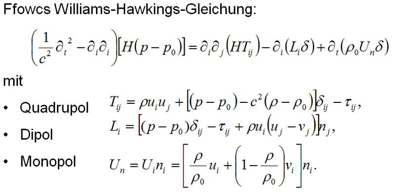 Ffowcs Williams-Hawkings-Gleichung für den Fernfelddruck p basierend auf den Quadrupol-, Dipol- und Monopolschallquellen des Nahfelds