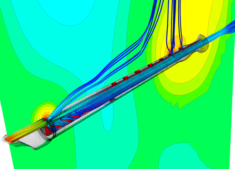 Darstellung der Stromlinien und der Druckverteilung zu einem Zeitpunkt bei der Simulation einer Blockflöte